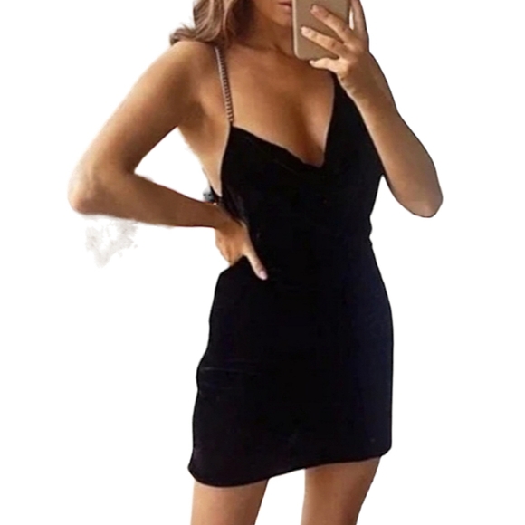 Zara | Black Velvet Chain Strap Mini Cocktail Dress | Small - Picture 2 of 5